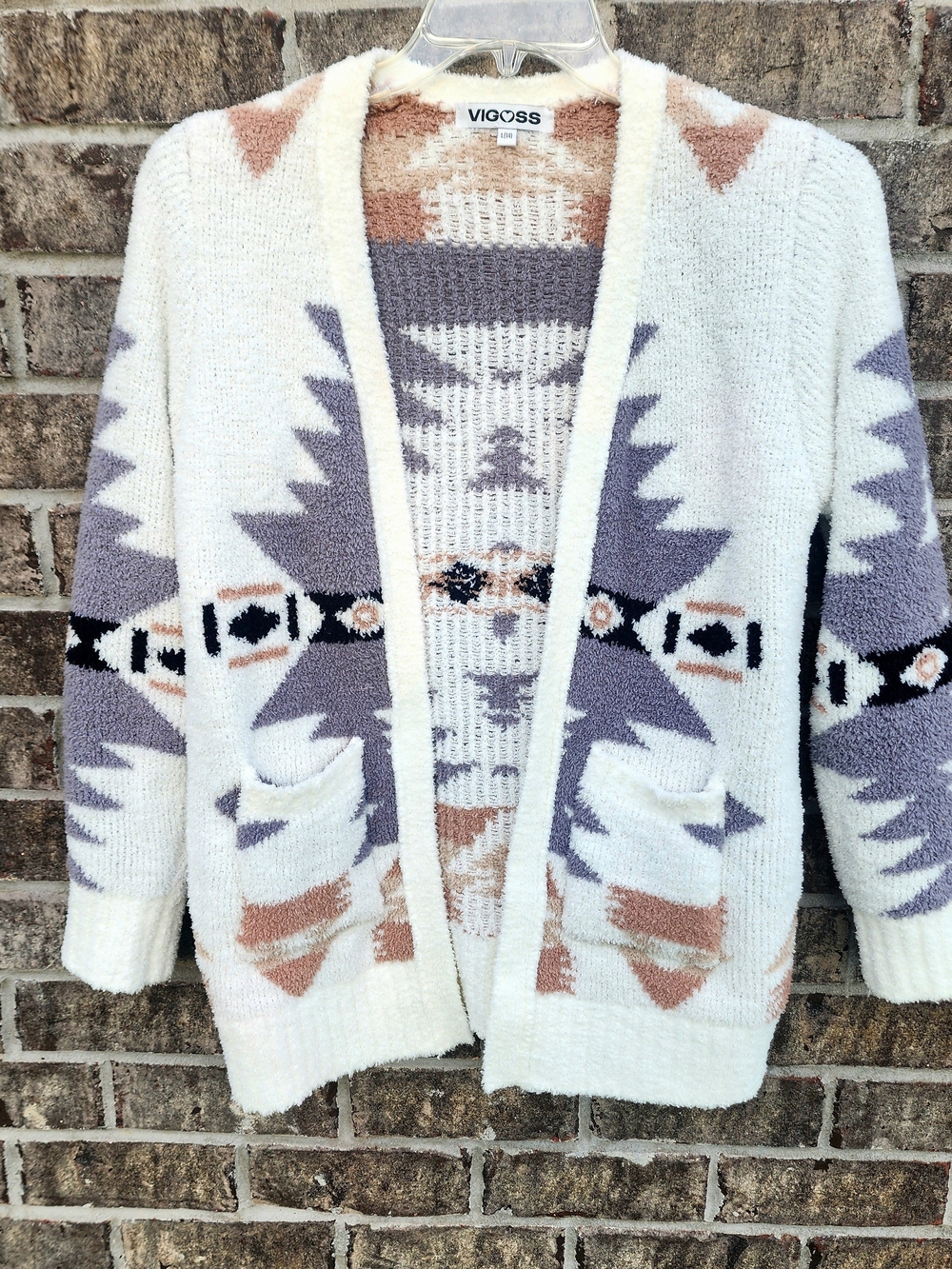 Vigoss Cream Aztec-Pattern Open Cardigan Sweater